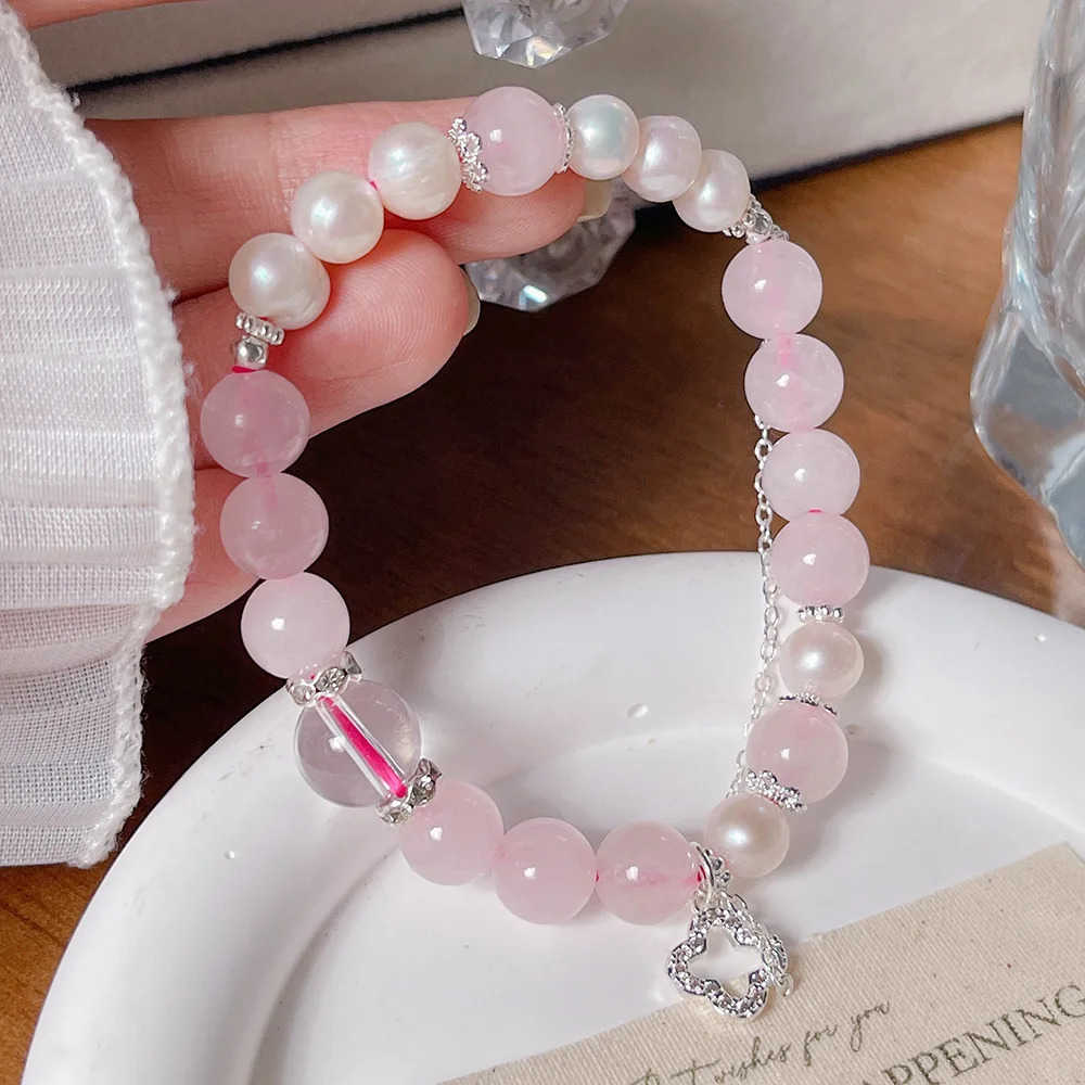 Ultra Pink Crystal For Women FourLeaf Lucky Clover Butterfly Sweet Girl Beaded Bracelet Friend Jewelry 251024