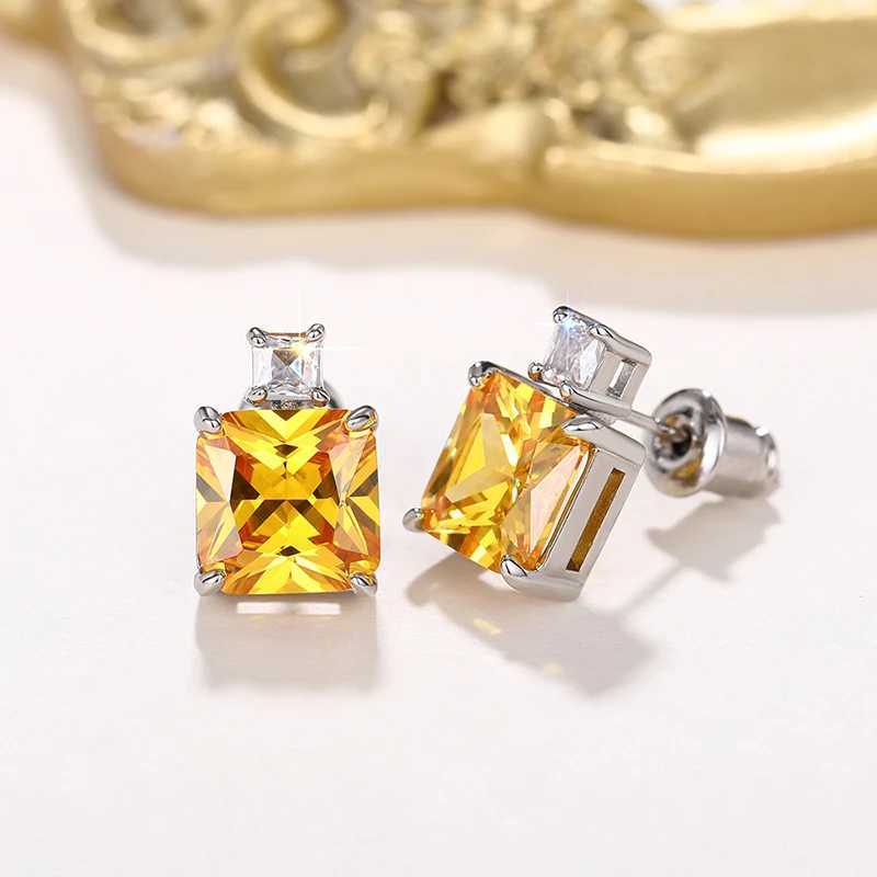 Huitan Luxury Princess CZ Stud Earrings for Women YellowPink Cubic Zircon Colored Temperament Ear Piercing Accessories JewelryW251029