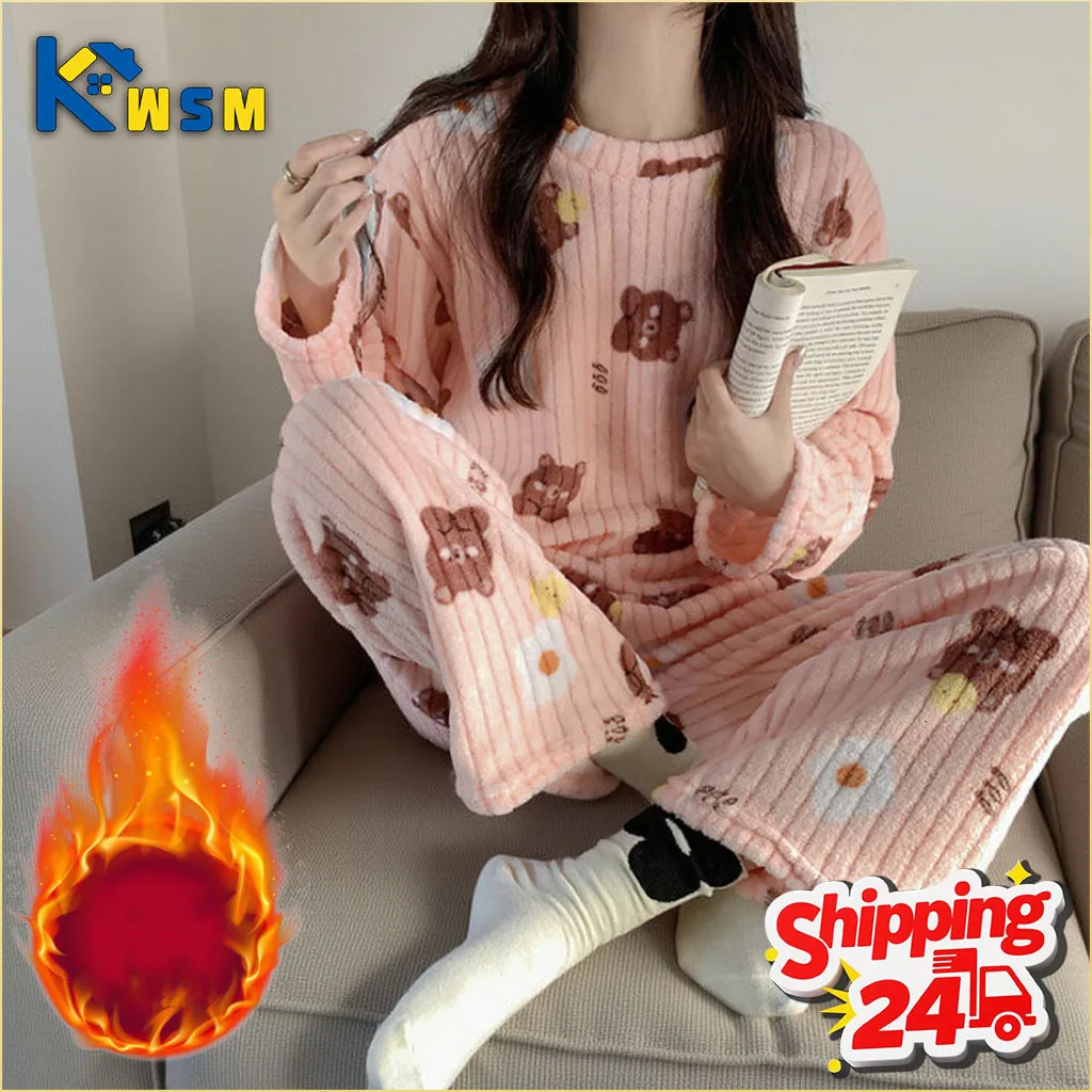 Autumn and Winter Coral Fleece Pajamas Set for Women Warm Lined Loungewear Cozy Home Sleepwear Christmas Gift 251029