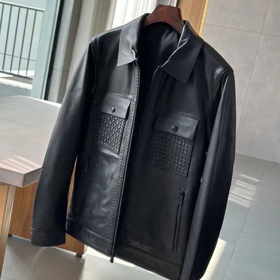 Mens ZipUp Leather Jacket Lapel Vintage Biker Style Business Casual Autumn Winter Windbreak Coat for MiddleAged Young BlackT251029