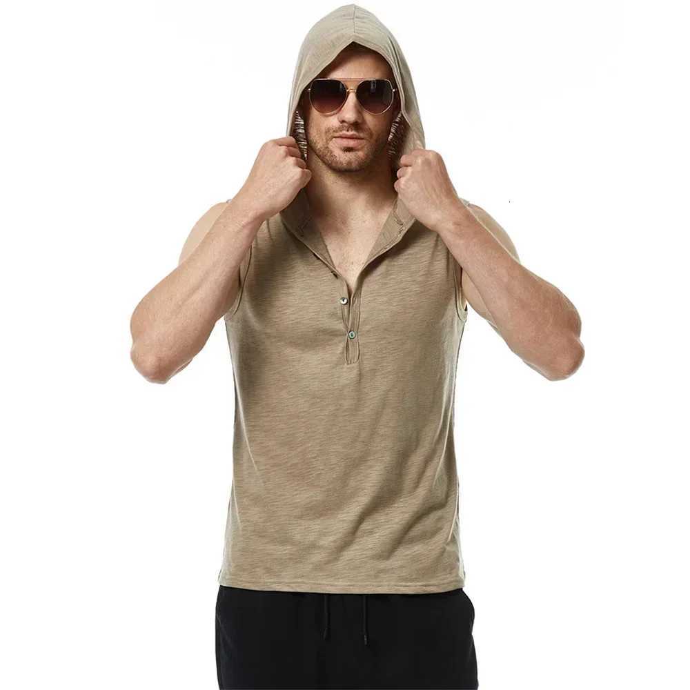 Men Cotton Hooded Tank Solid Color Half Button Sleeveless Tshirt Solid Color Breathable Lightweight Fashion Casual Vest W251029