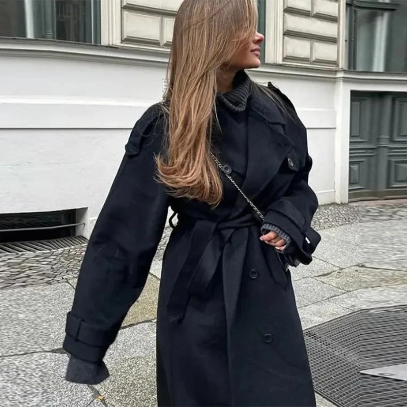Fashion Belted Mini Maxi Overcoat For Women Elegant Lapel Wide Shoulder Single Breasted Jacket Lady Autumn Winter Outerwear 251028