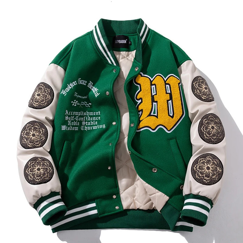 Vintage Varsity Jacket Men Winter Letter Embroidery Baseball Women Leather Sleeve Fashion Casual Woolen Coat Green Parka 251028