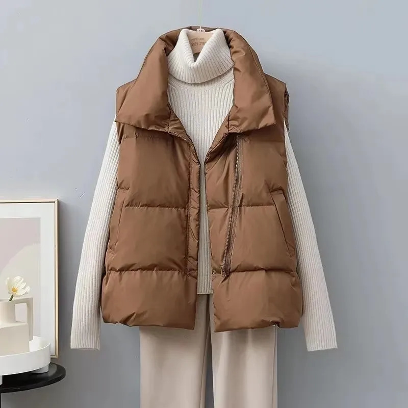 2025 Winter Warm Cropped Vest Jackets For Women Fashion Sleeveless Stand Collar Zip Up Puffer Waistcoat Street Style Outwear 251029