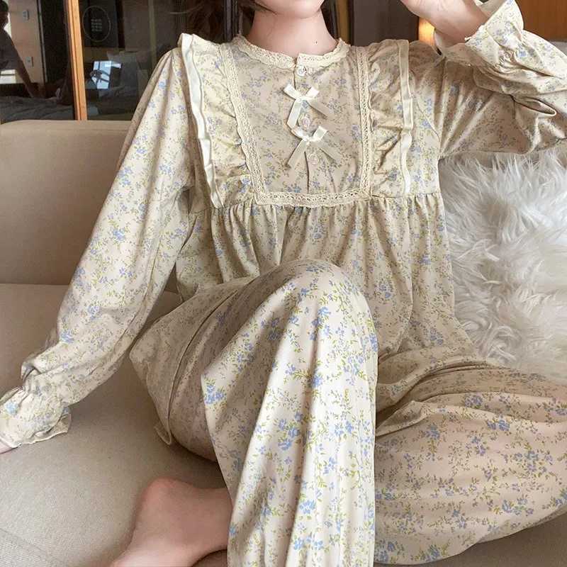 Ladies Pajamas Garden Style Student Casual Long Sleeve Pants TwoPiece Bow Set Nightwear Women Four Season Academic AtmosphereT251029