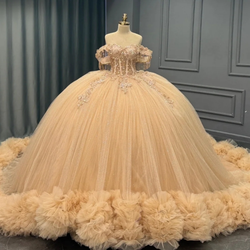 Champagne Shiny Quinceanera Dresses Off The Shoulder Applique Lace Beading Tiered Tull Party Birthday Sweet 16 Dress Vestidos 15 de anos
