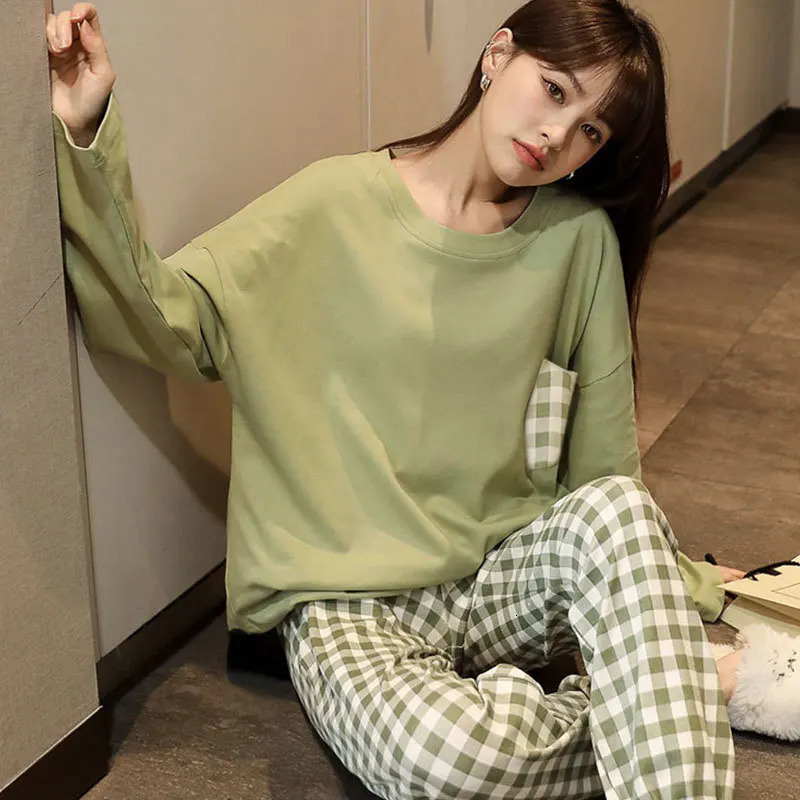 Womens Spring and Autumn Pajamas Homewear Set of Students LongSleeved Fashion Casual Plaid Ladies 251029