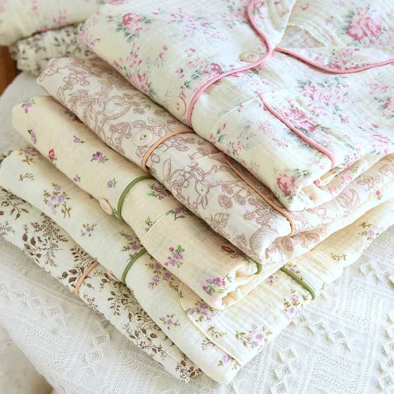 Autumn Long Sleeve Cotton Double Gauze Pajamas for Women Loose and Casual Plus Size Loungewear Lapel Flower Print SleepwearT251029
