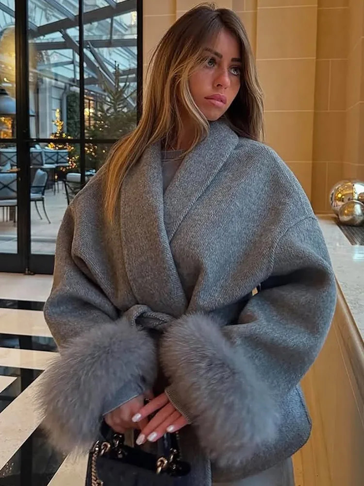 Faux Fox Fur Wool Overcoat Woman Grey Lace Up Lapel Long Sleeve Doublesided Woolen Coat Autumn Loose Solid Cardigan Jackets 251028