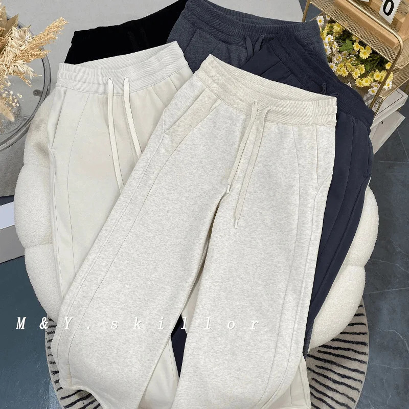 Autumn Winter Women Chic ner Cotton High Waisted Sweatpants Lady Versatile Casual Solid Wide Leg Straight Trousers 251029