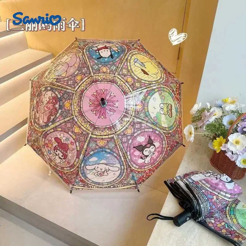 Sanrio Sanrio Hello Kitty umbrella Anime Kuromi Automatic Folding Sunumbrella Cute Rain Sunny Use Black Coating UV Protection Parasol L251029