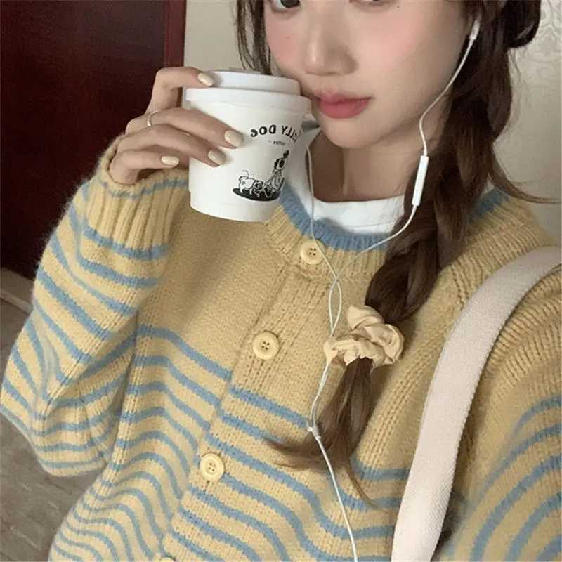 Women Clothes Spring Autumn Fashion Korean Button Striped Color Blocking Knitting Female Appear Thin Loose Cardigan Sweater CoatT251028
