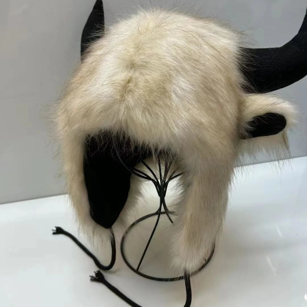 Fox Fur Cow Horn Decoration Cap Winter Warm Ear Protection Wind Snow Women Men Halloween Party Cosplay Hat 251029