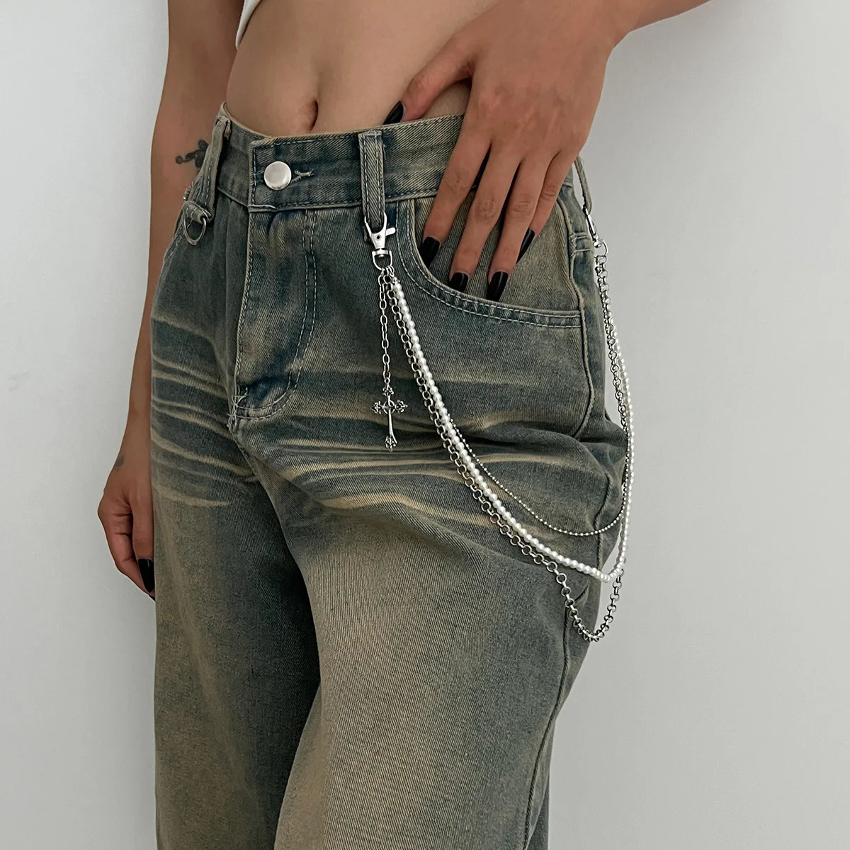 Edgy Punk Cross Pants Chain for Women Gothic Hip Hop Beaded Pearl Jewelry Jeans Waist Accessory Jewelry Gift 251021