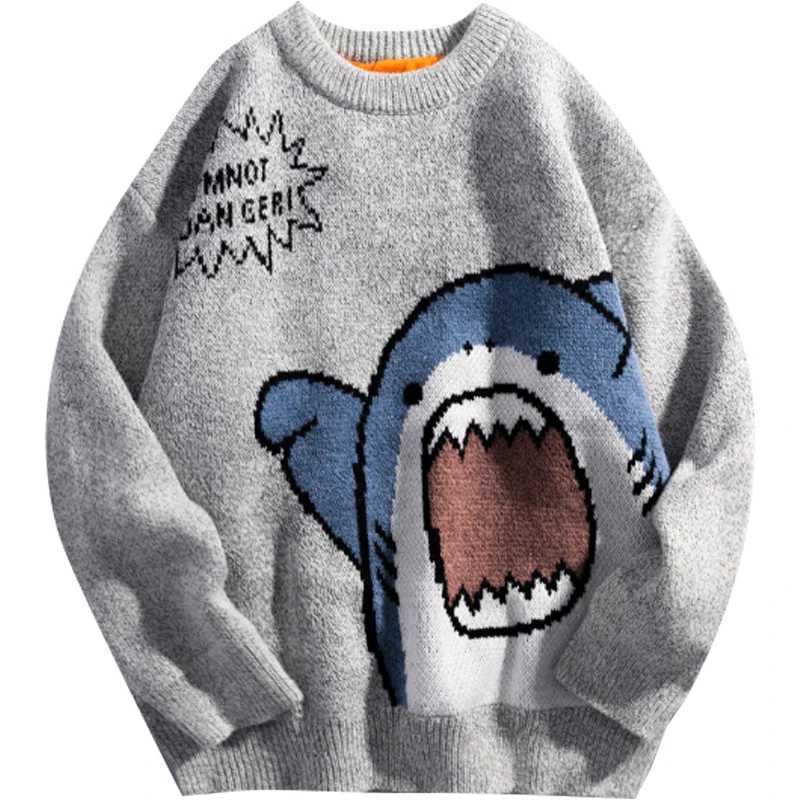 Shark Sweater Men Winter Cartoon Harajuku Korean Y2k Oversized Turtleneck Hip Hop Loose Knit Jumper Pullover High Collar Sweater J251029