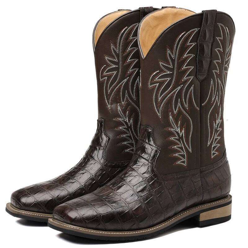 Retro wide toe Western cowboy high-quality Men's Male shoes adult embroidery Mid-Calf boots Knight Cowboy Boots 2025