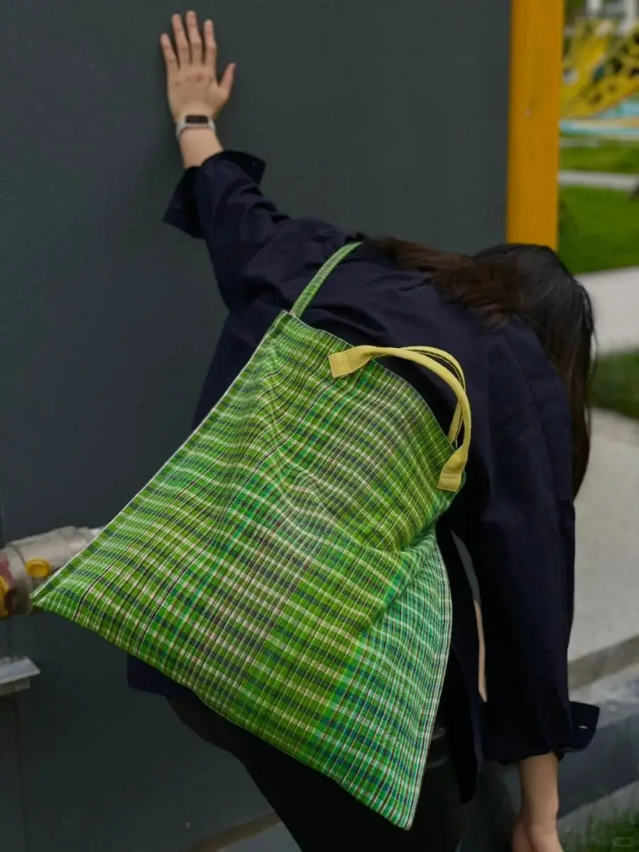 Women Tote Bag Vintage Plaid Striped Canvas HighCapacity Shoulder Bag Handbag Crossbody Office Lady Simple 251029