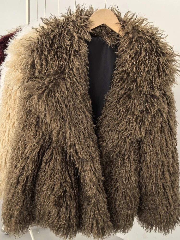 Aynaray 2025 Winter Women Faux Fur Jacket Solid Khaki Long Sleeve Thick Warm Outwear Fluffy Coat For Women 251013