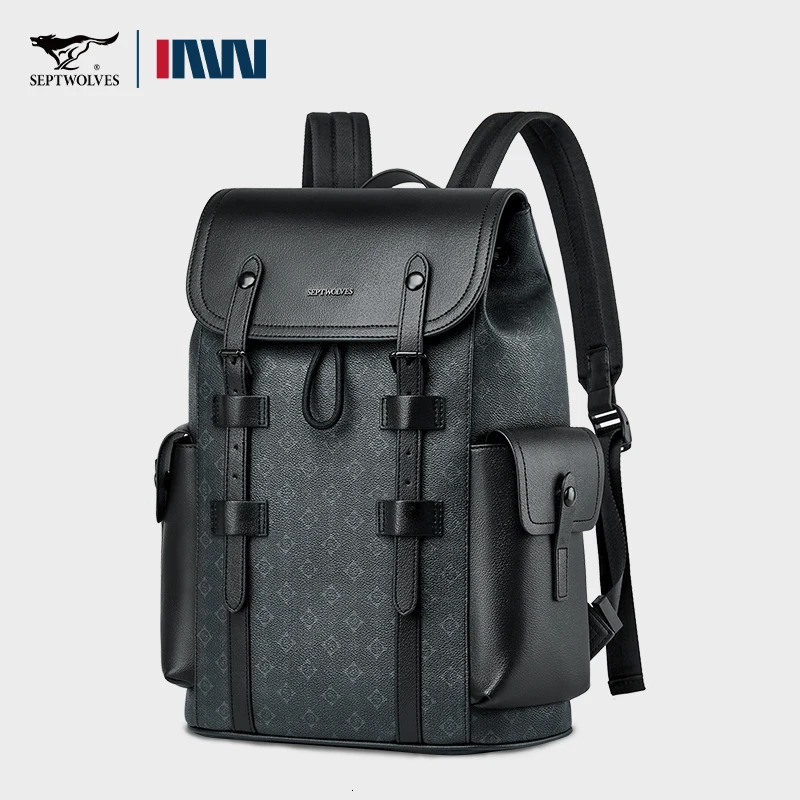 Septwolves High Quality Business Printed Leather Backpack Man Drawstring Flip Monogram Laptop Bags Print Work Rucksack 251018