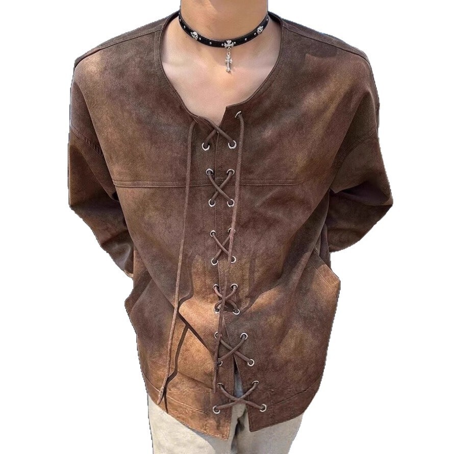 Niche Drawstring Double-breasted Leather Jacket For Men Designer Jacket Spring And Autumn American Street Style Loose Casual Brown Motorcycle Jacket