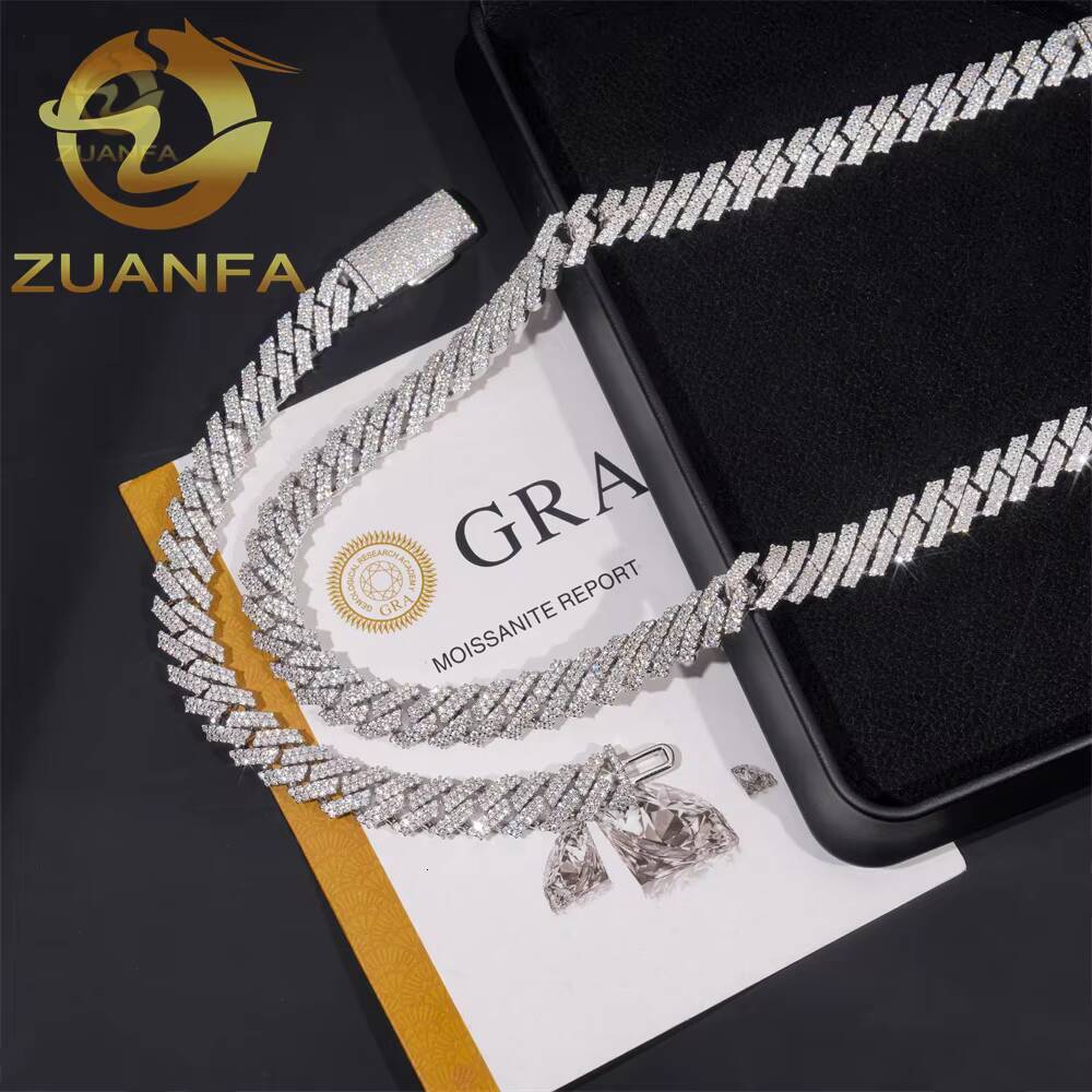 12mm 2Row Moissanite Hip Hop Jewelry 925 Sterling Silver Cuban Link Chain for Men Moissanite Link Pass Diamond Tester