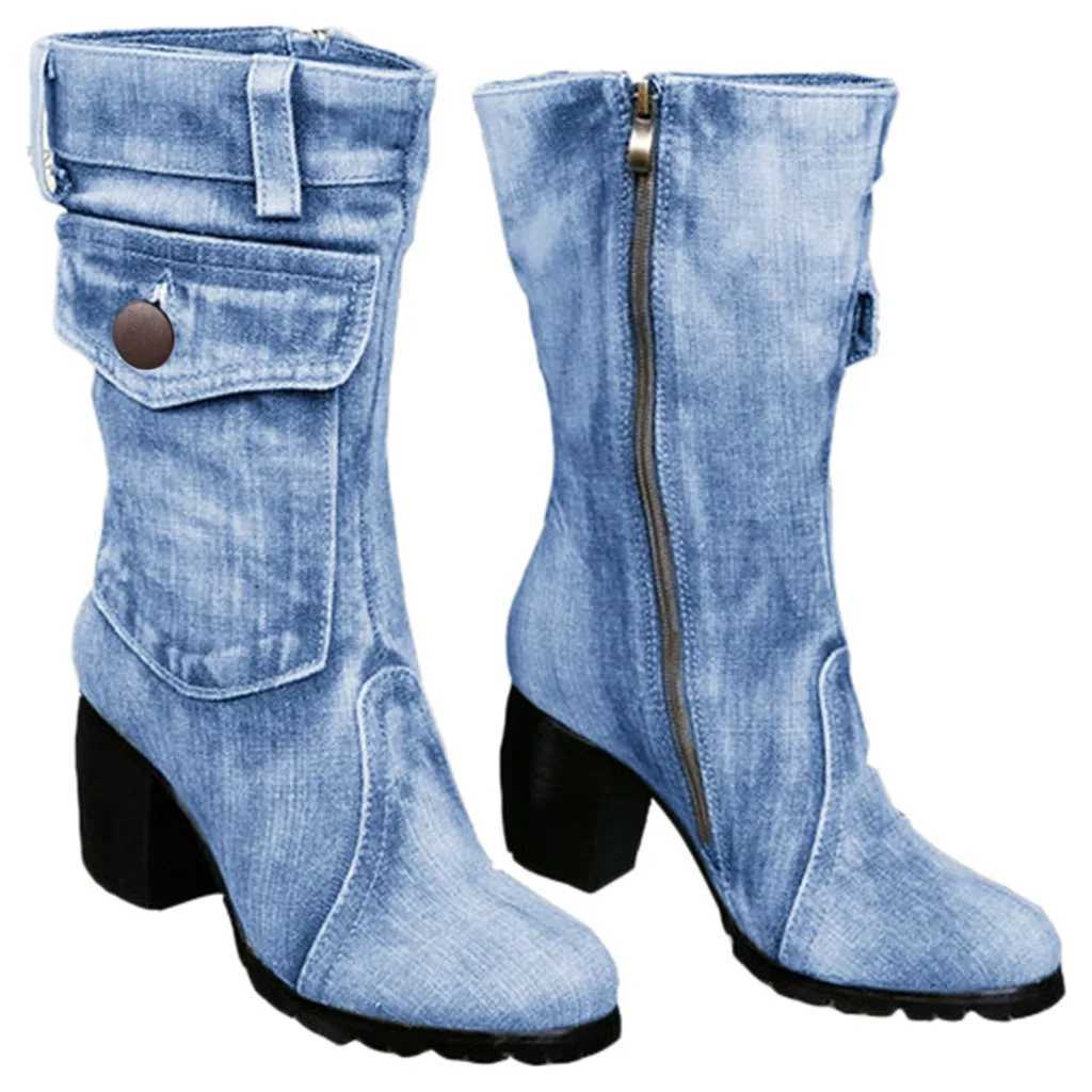 Blue jeans boots Womens Midrise Rome Solid SlipOn Chunky Med Heels Boots wild vintage Large Size Ladies shoes Z251029