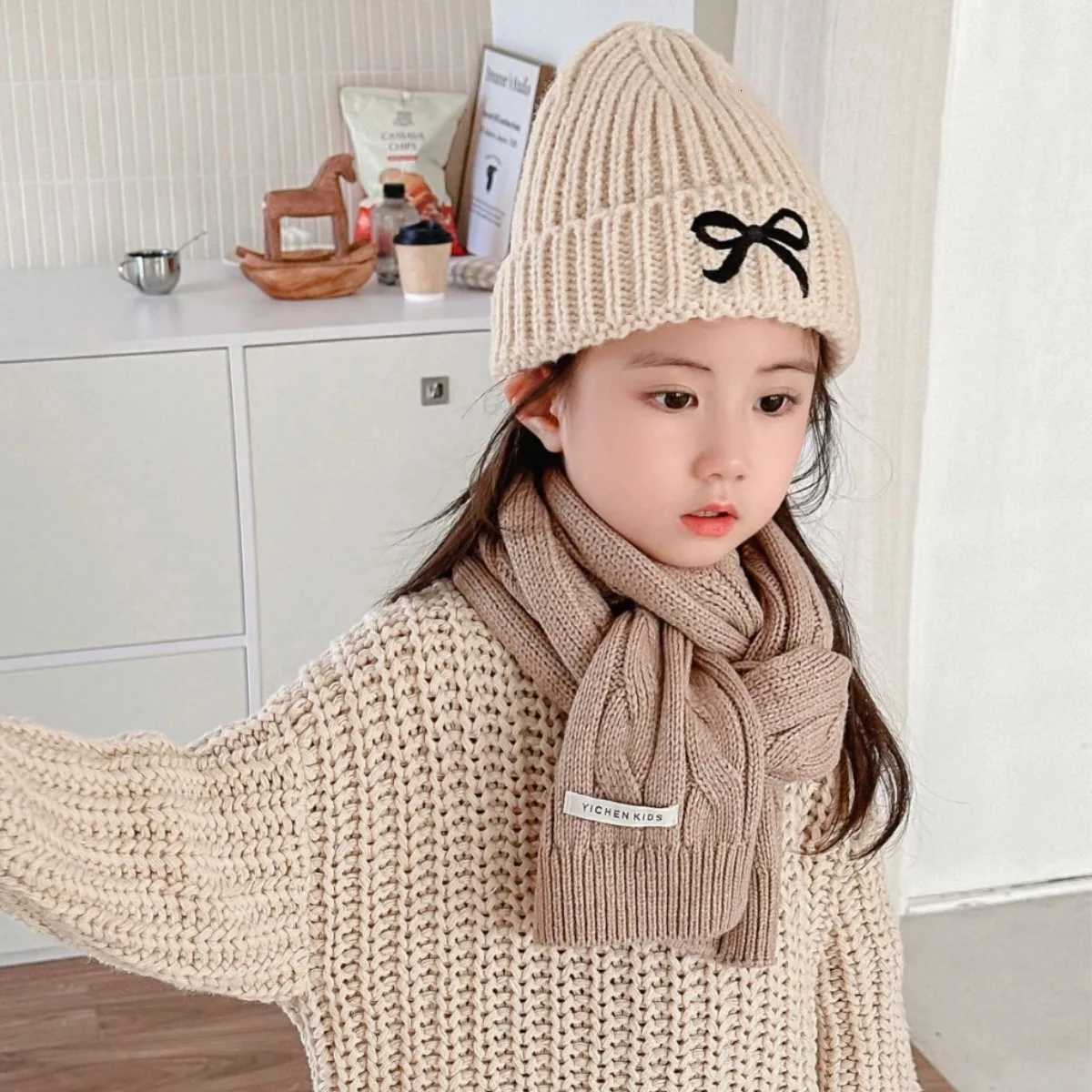 Embroidery Bow Children Woolen Hat Korean Kids Knitted Beanie Solid Color Crochet Bonnet 26year Baby Winter Warm Pullover Cap251028