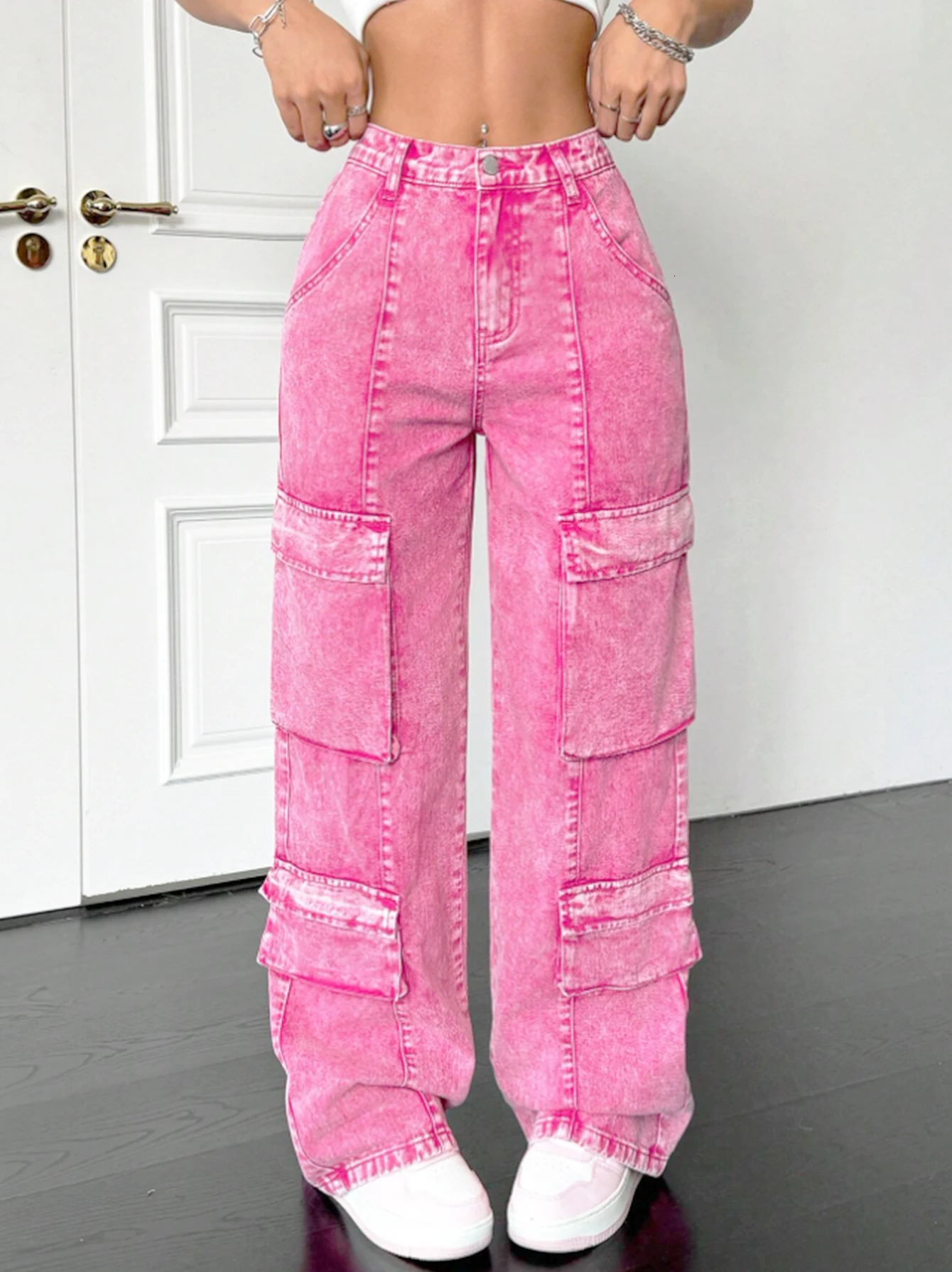 Pink cotton womens wideleg loosefitting jeans multipocket Y2K style pink fashionable jeans 251029
