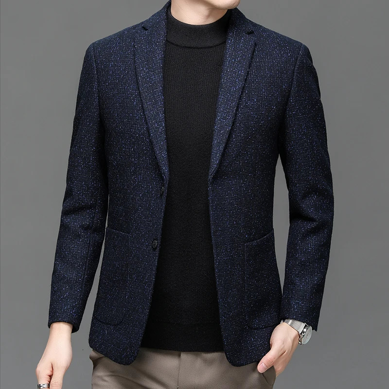 Classical Men Navy Blue Tweed Wool Blazers Sheep Woolen Suit Jackets Gentlemen Fashion Outfits for Business and Casual Wear 251028