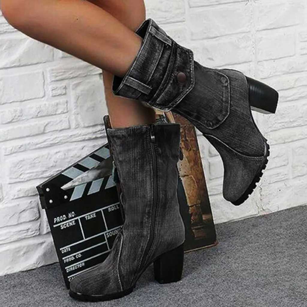 Blue jeans boots Womens Midrise Rome Solid SlipOn Chunky Med Heels Boots wild vintage Large Size Ladies shoes Z251029