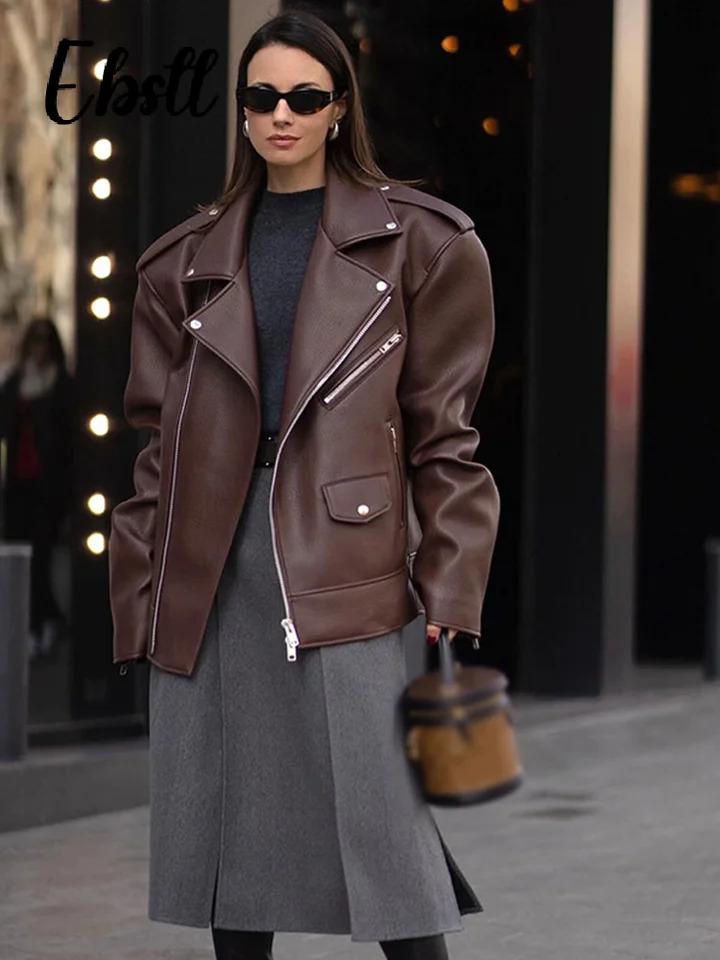 High Street Zippers Leather Jackets Women Lapel Long Sleeve Pockets Buttons Jacket 2025 Autumn Female Locomotive Outwear 251029
