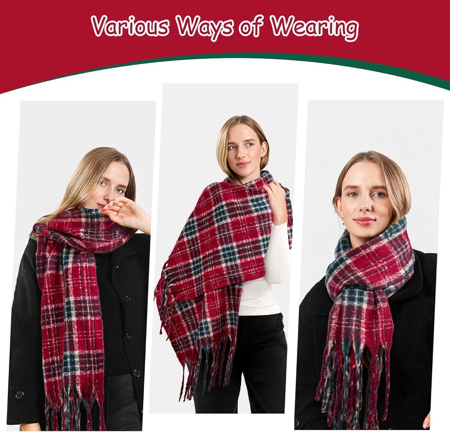 Custom Christmas Winter Checkered with Fringe, Soft Green Red Scarf for Women Men Fashion Tartan Gift Xmas Decor