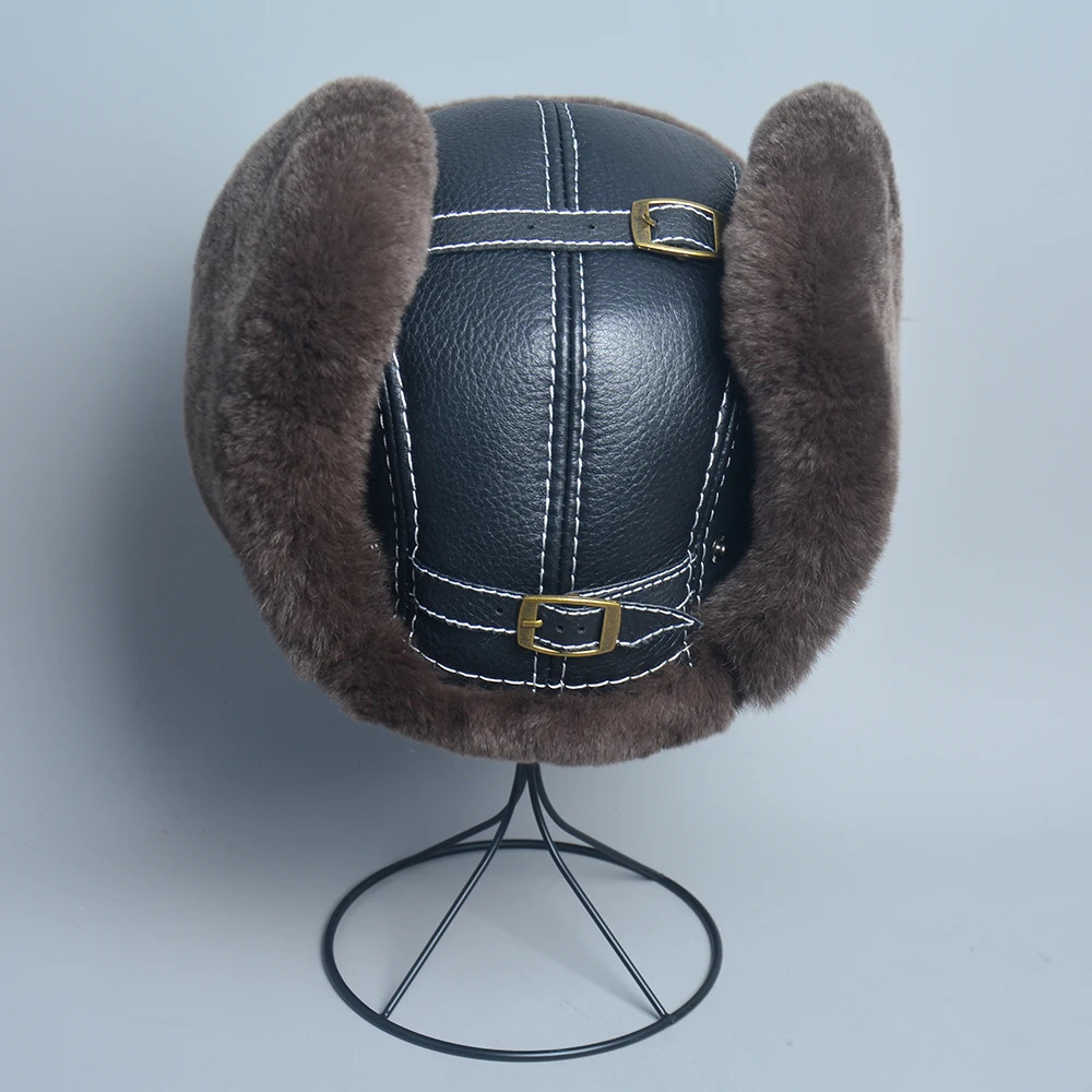 2025 Mens 100 Natural Rex Rabbit Fur Bomber Hats Winter Russian Man Warm Real Sheepskin Leather Hat Male Real Fur Caps 251029
