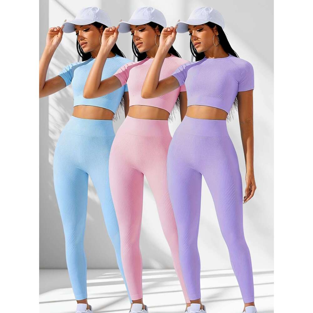 3 Sets Women's High-Waisted & Running Leggings Mid Neck Short Sleeve Workout Tops, Medium Stretch Solid Color Activewear For Gym, Training, Daily