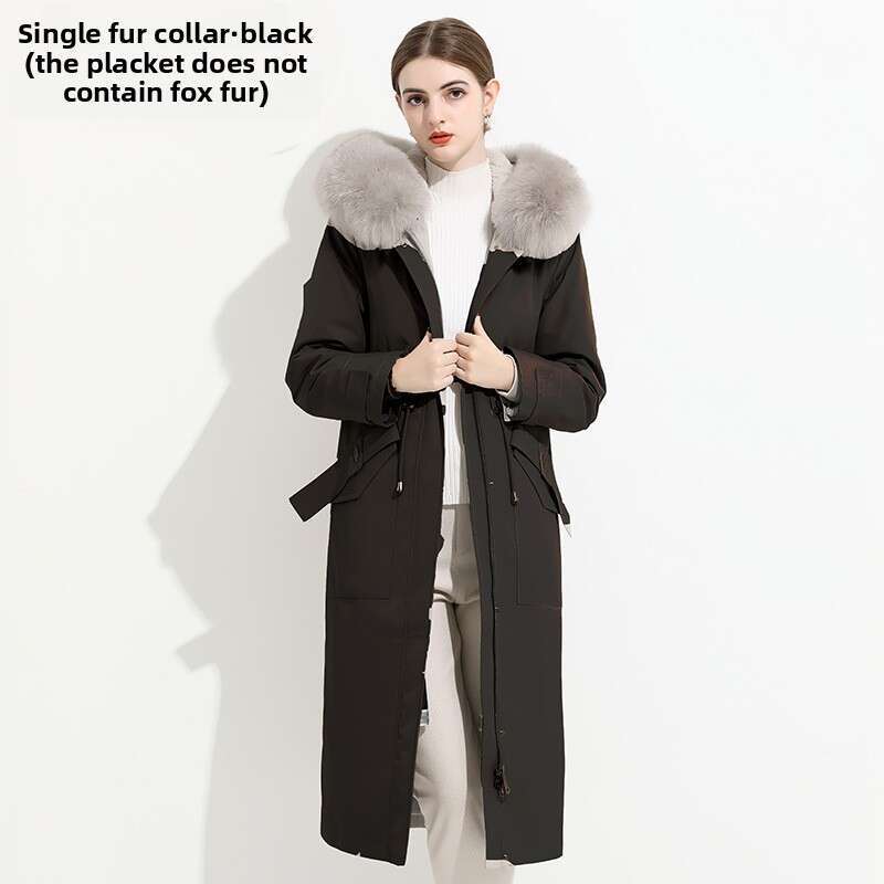 2025 Winter New Style Placket Fox Collar Parka Women's Hooded Long Coat Rex Rabbit Inner Lining Fur Jacket