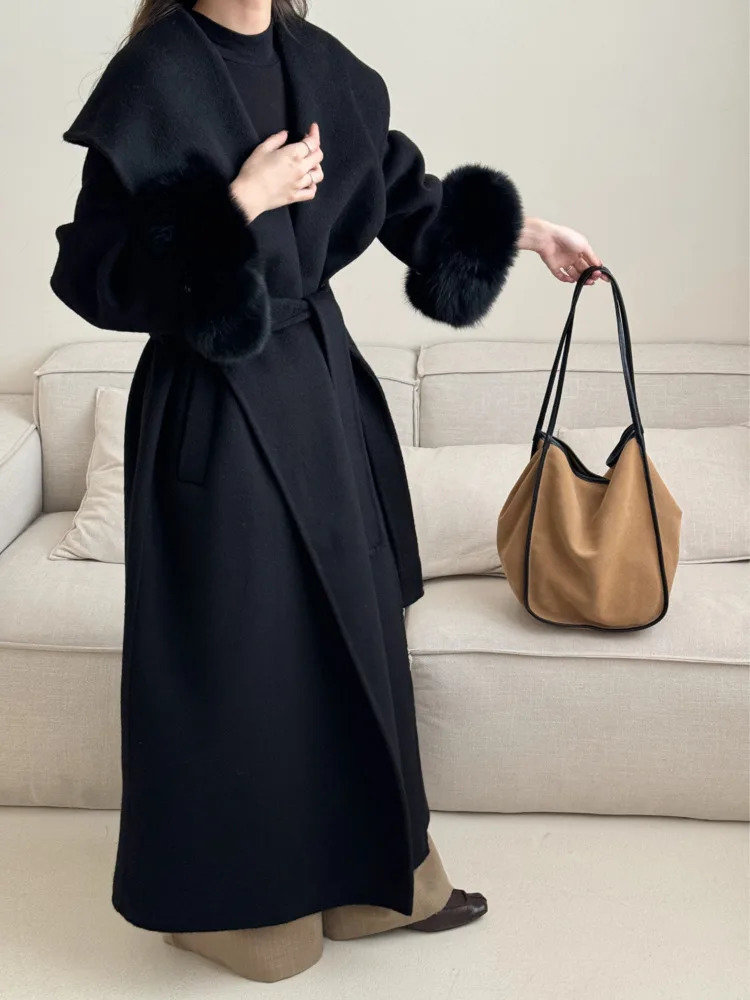BJTZ Fox Hair Cuffs Doublesided Cashmere Coat Women Autumnwinter Midlength Laceup Loose Fashion Simple 251028