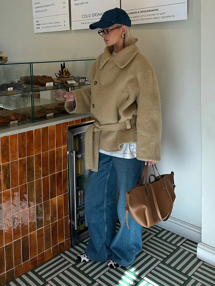 Retro Side Buttons Plush Short Coat Women Elegant Solid Lapel Tweed Coats With Belt Lady Winter Chic Classic Street Outwear 251028