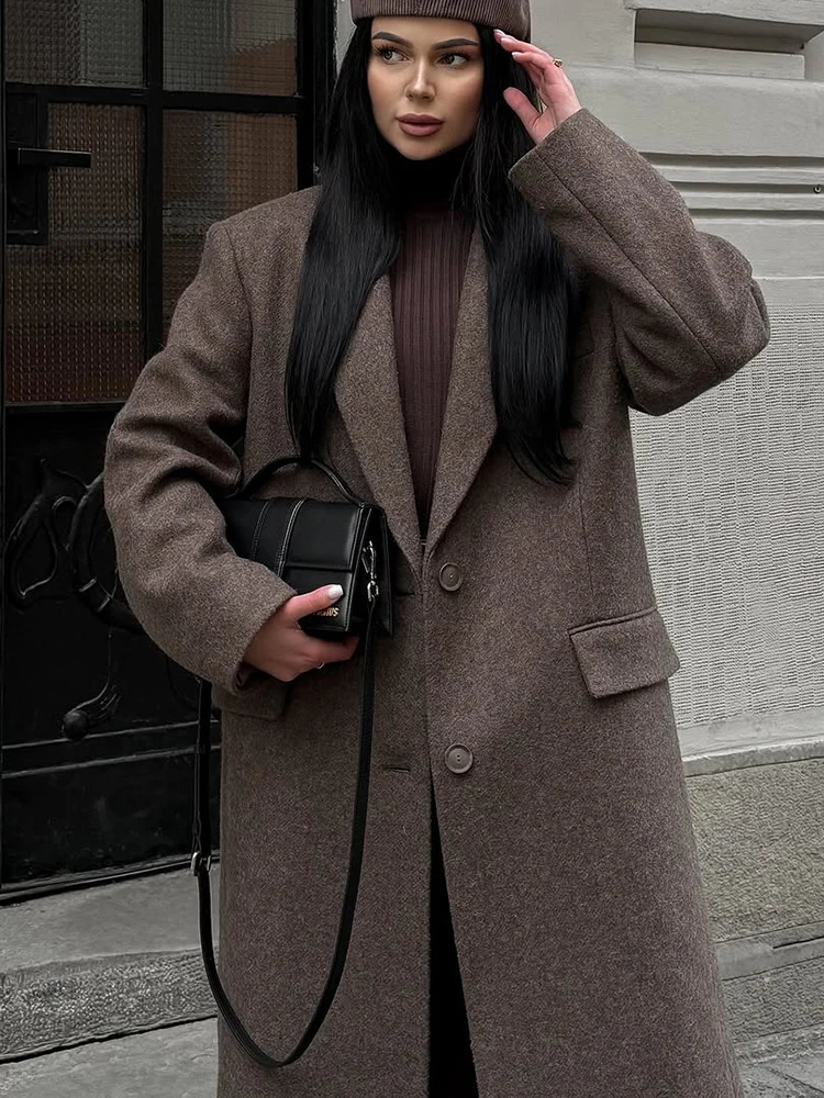 Elegant Womens Brown Wool Blend Overcoats Chic Shoulder Pads Singlebreasted Long Sleeve Coats Autumn Outerwears 251021