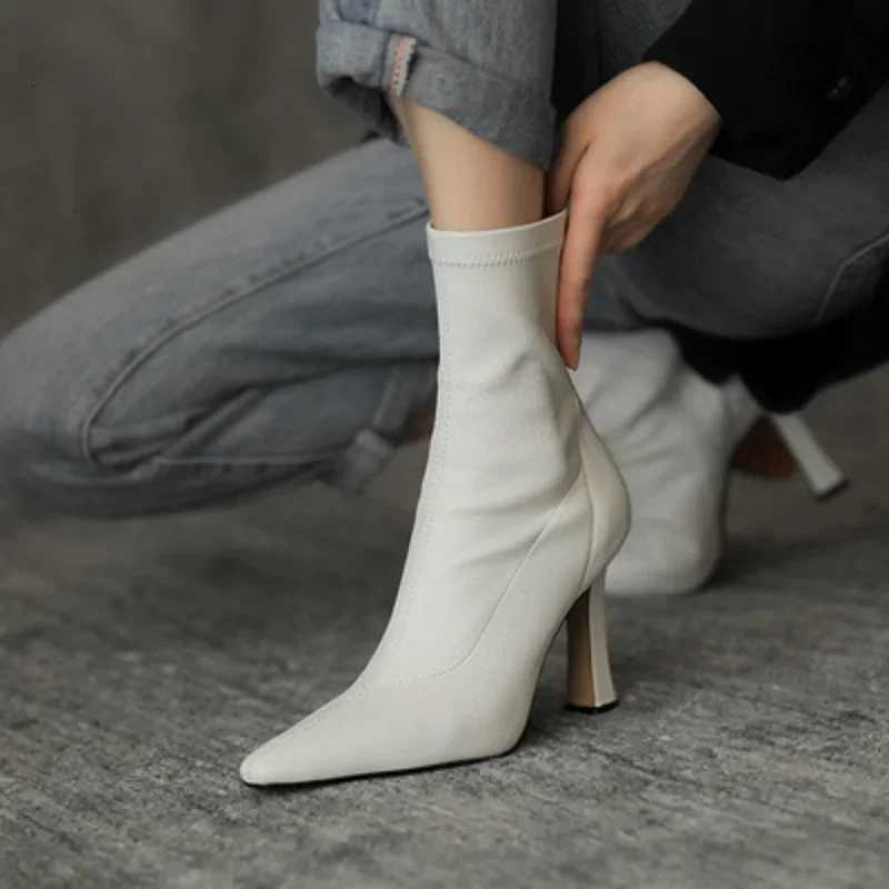 Women High Heel Short Leather Boots New Boots Female Pointed Thin Heel Boots Ladies Ankle Short Boots Botas De Mujer 2024 Z251029