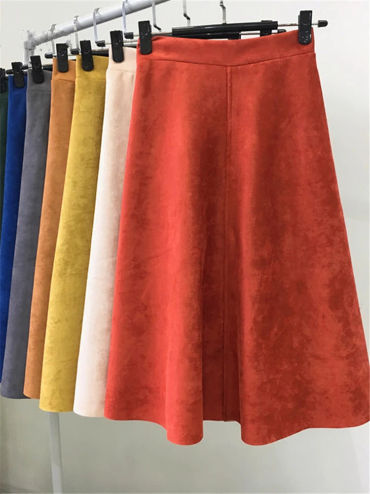 REALEFT 2025 Autumn Winter Women Suede Midi Skirts High Waist Multi Color Elegant ALine Skirts Umbrella Ladies Skirt Female 251028