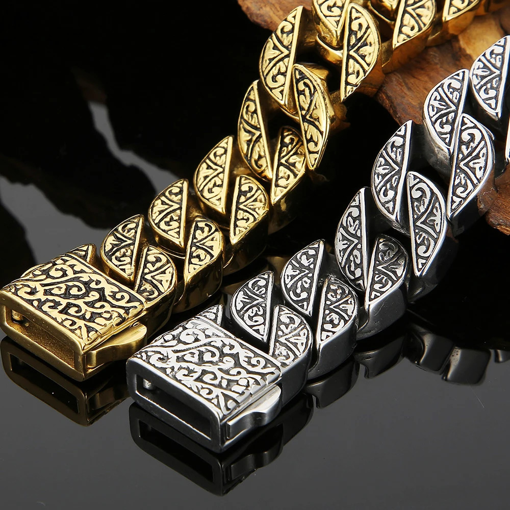 Stainless Steel 17MM Wide Chain Man Bracelet Homme Gold Color Metal Strap Mens Bracelets For Man Products 79 Wholesale 251028