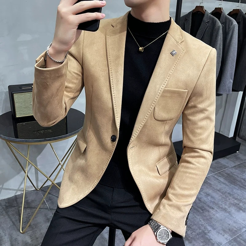 Mens Deerskin Fleece Jacket Suit Coat Blazer Business Leisure Slim Fit Fashion High Quality Single Button 251028