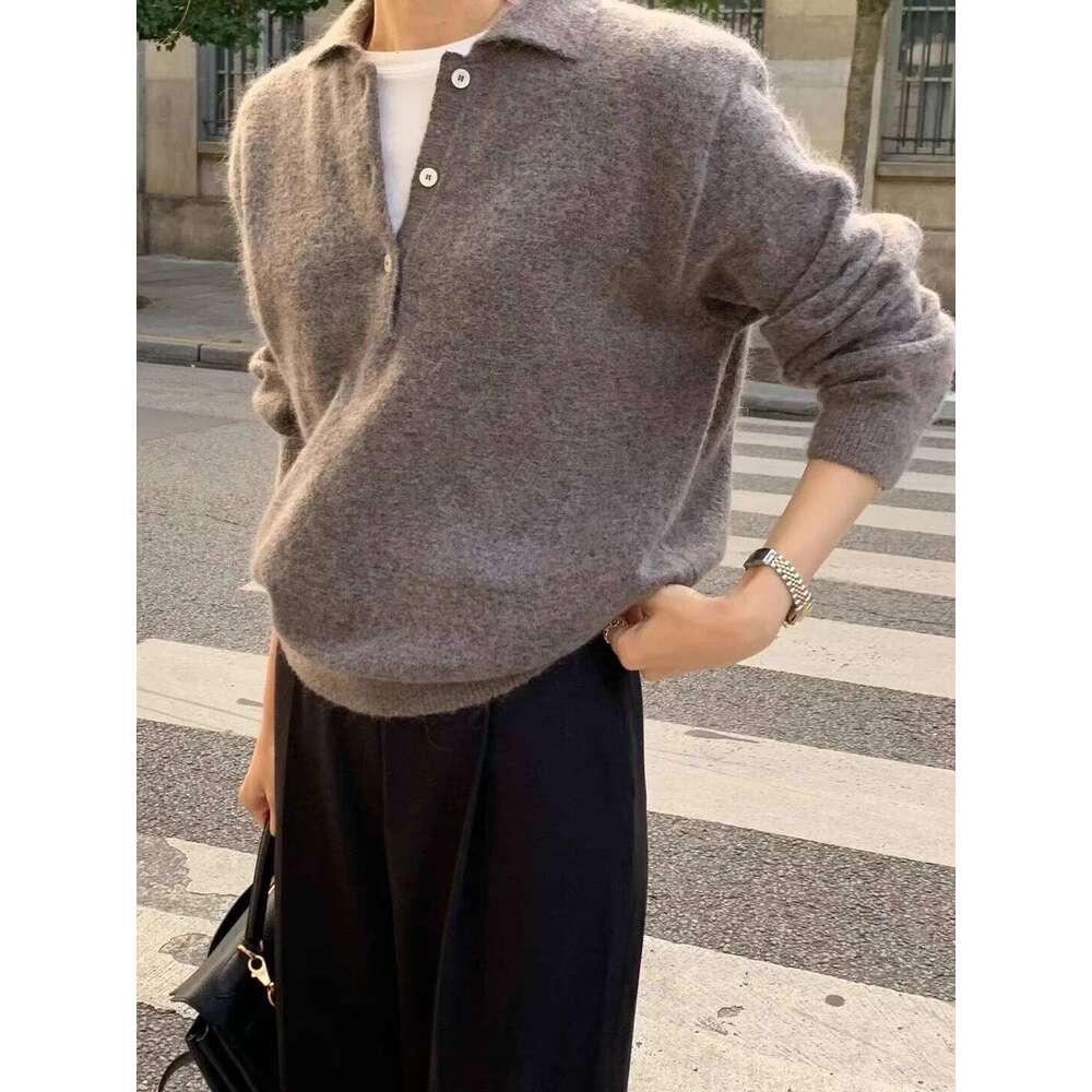 Autumn/Winter New Sweater 100% Wool Knitted Hoodie Solid Color Casual Women's Top Loose And Simple Top With A Flip Collar