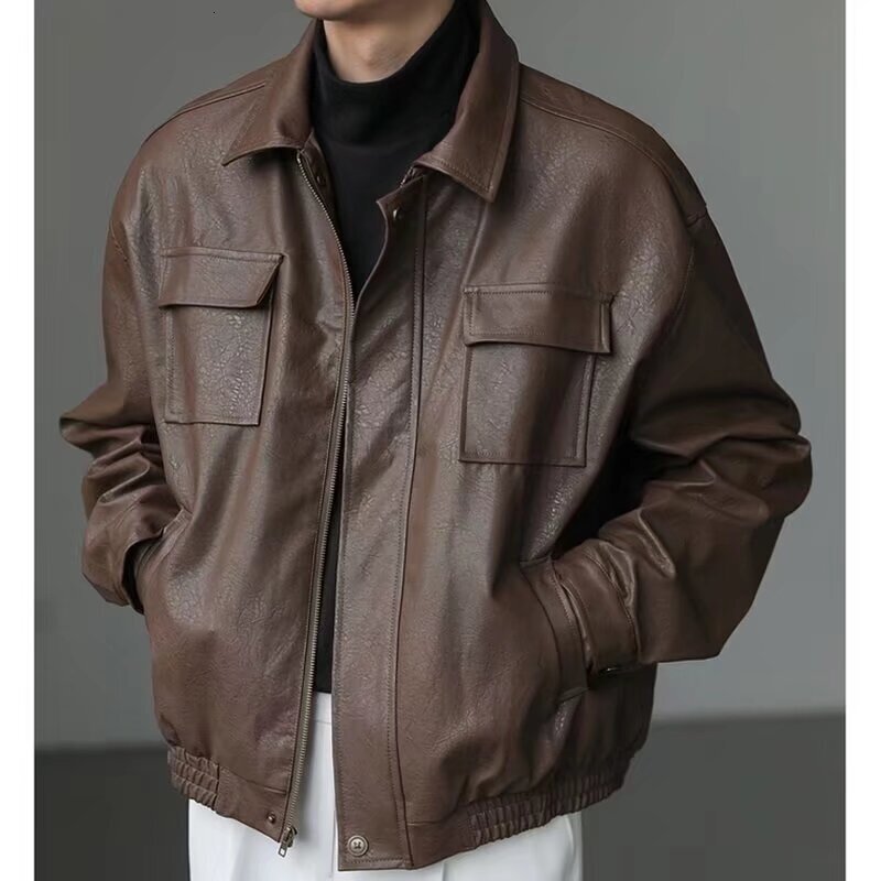 Streetwear Cool Motorcycle Short PU Leather Jacket For Men And Women, Autumn And Winter Warm Designer Jacket Loose Leather Workwear Coat
