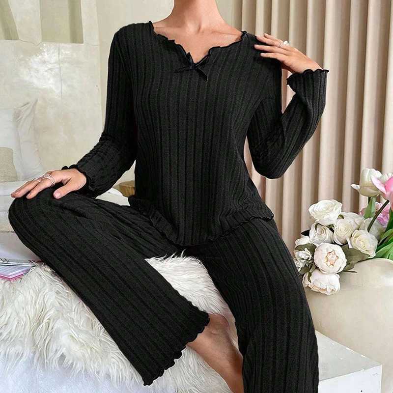 Women Autumn Winter Sleepwear Ribbed Pajamas Set Long Sleeve Top and Long Pants 2 Piece Set Casual Homewear LoungewearT251029