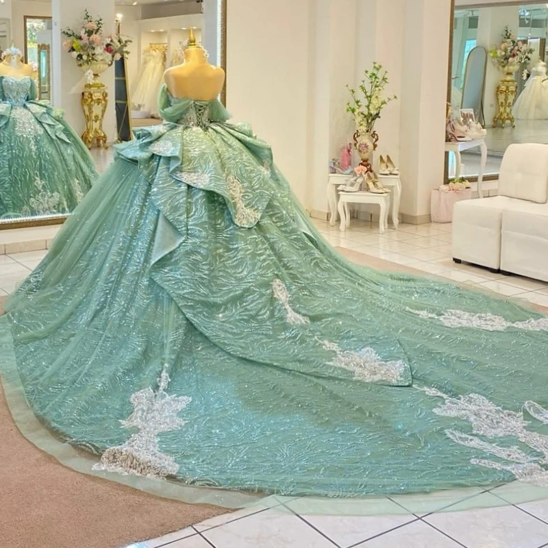 Green Shiny Princess Off the Shoulder Sweet 16 Dress Quinceanera Dresses Applique Beading Tull Party Birthday Vestidos 15 De