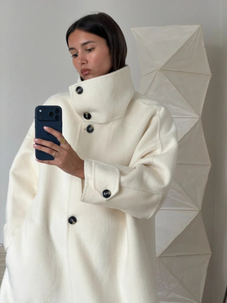 Casual Stand Collar Woolen Women Long Coat Elegant Solid Full Sleeve Single Breasted Female Jacket Autumn Winter Lady Coats 251028