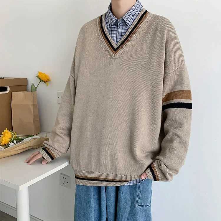 Mens Knitted Sweater VNeck Layering Color Block College Style Winter Casual Top Chinese Brand Clothing Winter Season J251029