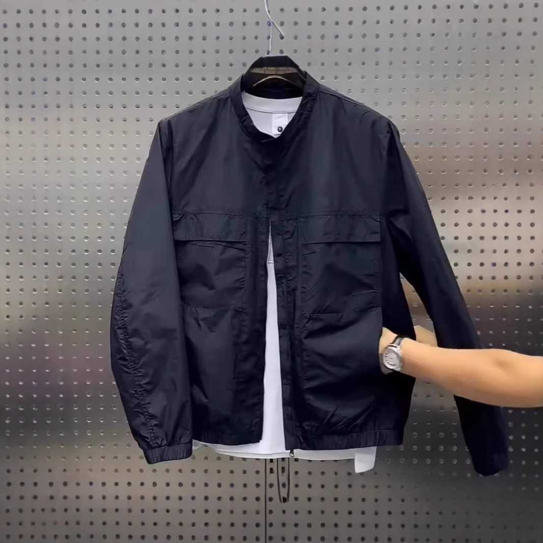Minimalist Henry Collar Workwear Jacket Spring Top Versatile Designer Jacket Casual Baseball Collar Versatile Short Slit Jacket
