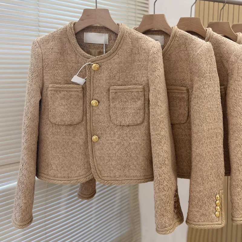 2024 Autumn Winter Elegant Korea Chic Simple Commuter Round Neck Gold Buckle High Quality Thick Small Fragrance Basic Women Coat Y251105